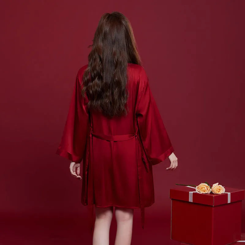 Red polyester ice silk sleepwear set for men and women with long sleeves and trousers