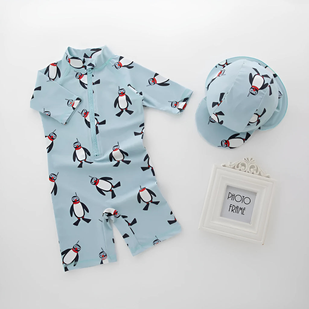 Boy's penguin long sleeves swimsuit one-piece with matching swim cap for sun protection