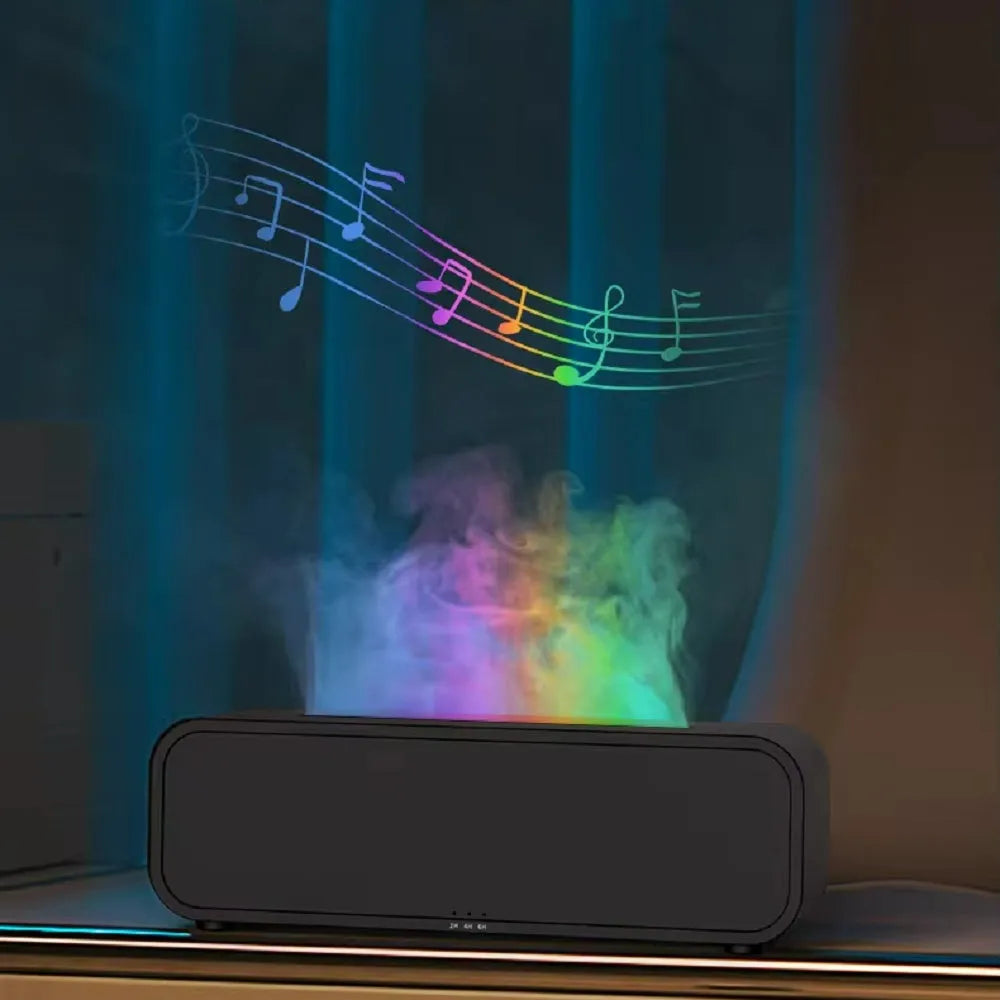 Black and white aroma diffuser with colour-changing flame effect lights and remote control for aromatherapy
