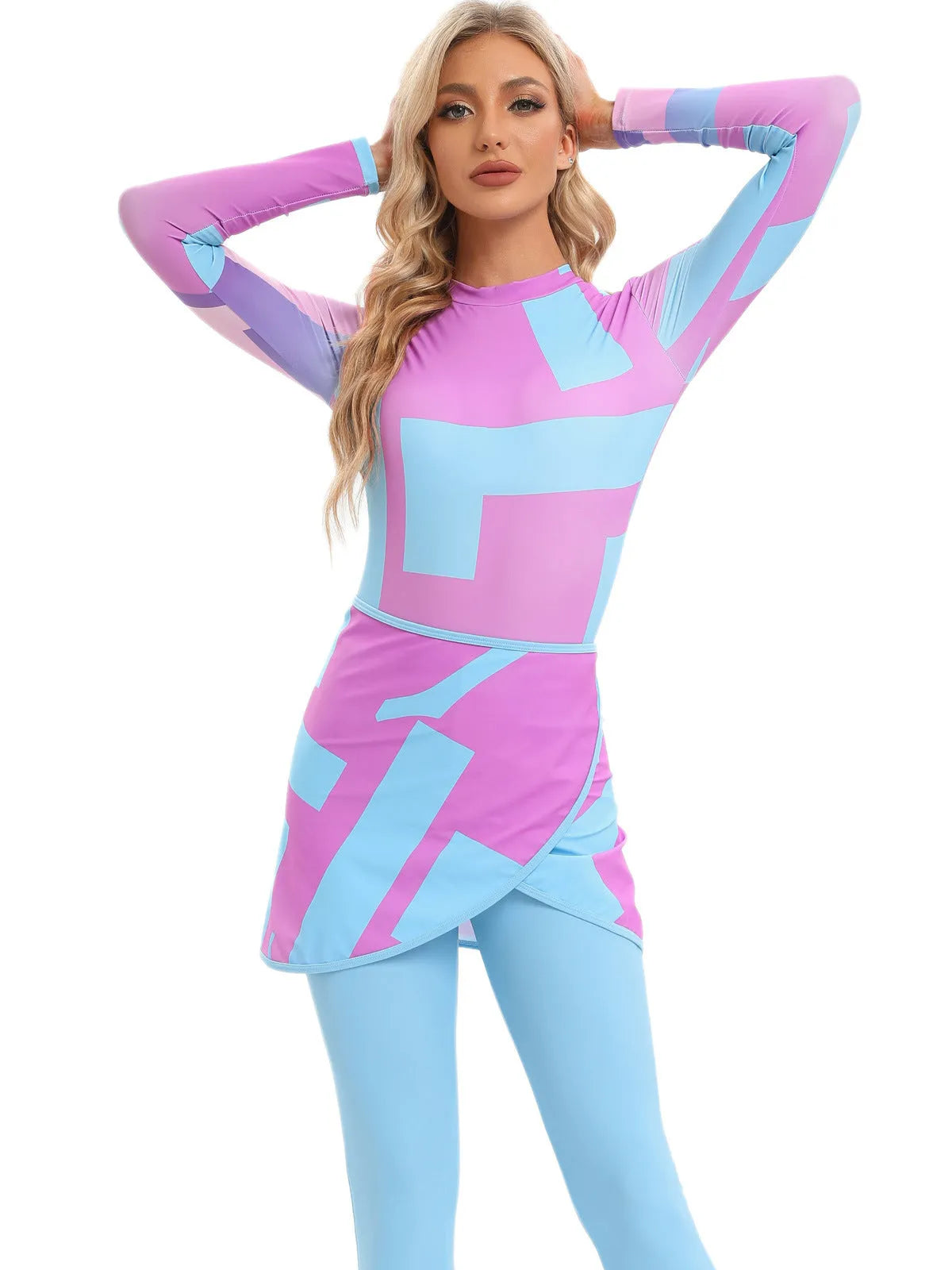 Conservative long-sleeve polyester swimsuit three-piece set with matching apron for beach wear.