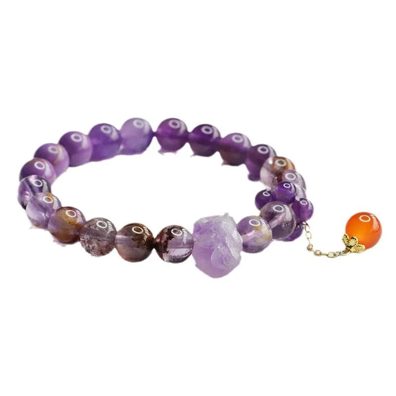 Nine purple amethyst and red agate crystal bracelet in mori style with 7-8mm beads