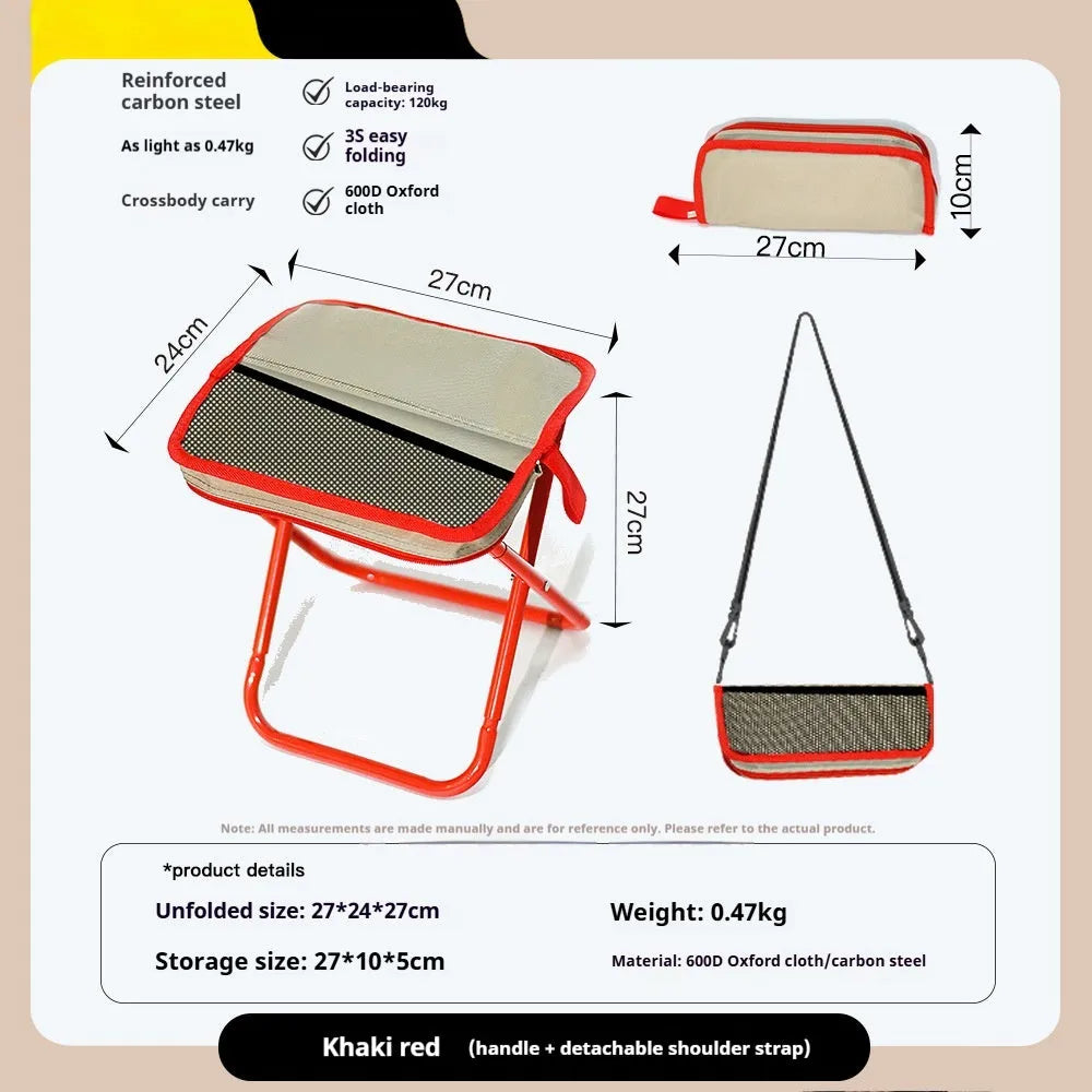 Outdoor folding camp stool in khaki colour with crossbody carry bag, shown in folded and unfolded states.