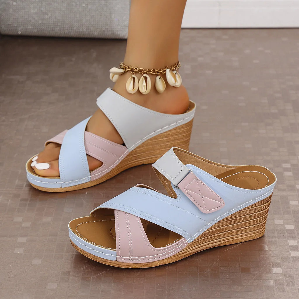 Women's platform wedge slippers with adjustable Velcro strap in fish mouth toe design, showing colour options
