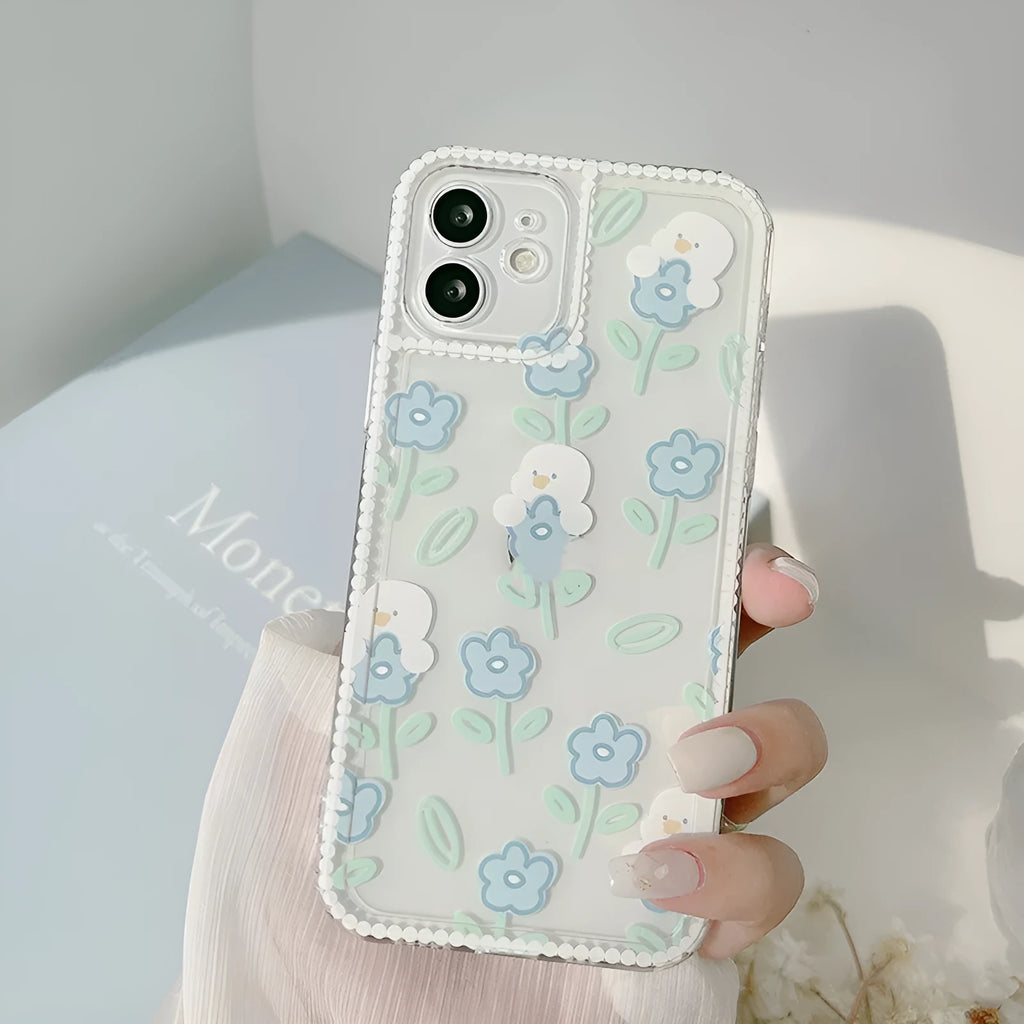 Transparent TPU phone case with original cartoon animal and flower painted pattern for Apple iPhone