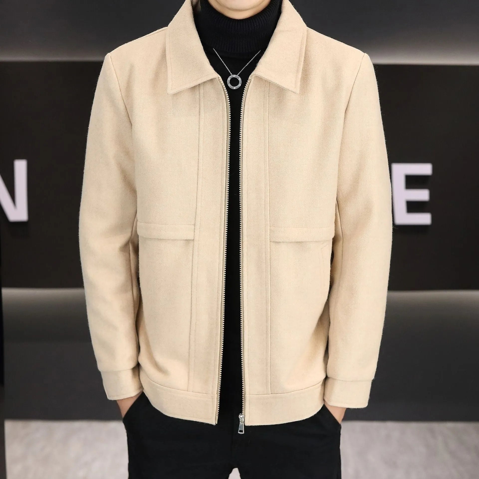 Men's khaki casual jacket with a polo collar and side seam pockets