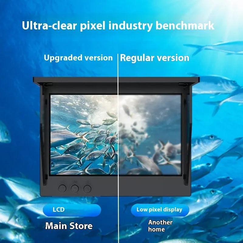 Underwater fishing finder camera with 4.3-inch screen, LED lights, and long cable for boat or ice fishing.