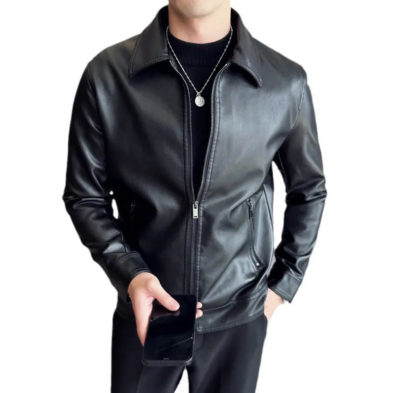 Black men's PU leather jacket with zipper pockets, loose fit design