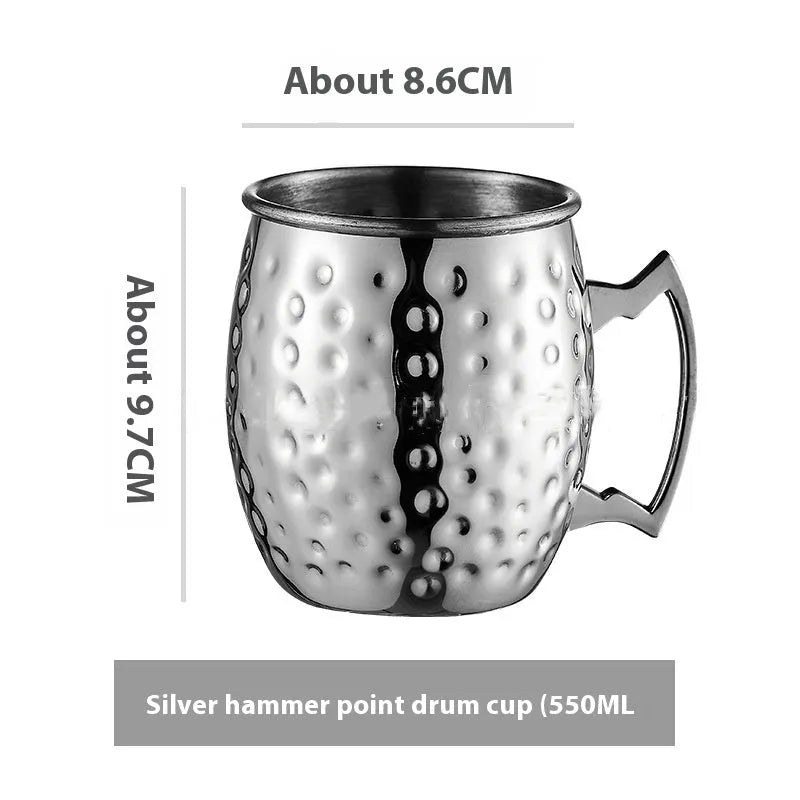 Stainless steel Moscow Mule cup with copper plating in a choice of colours and hammered or smooth finish.