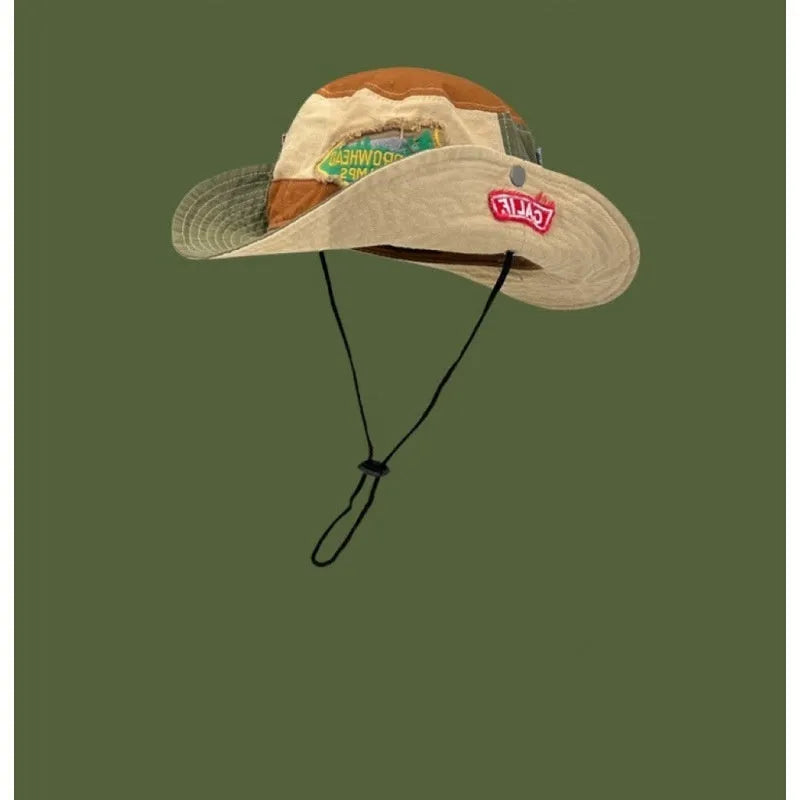 Women's army green cotton fisherman hat with patchwork design and flat top crown