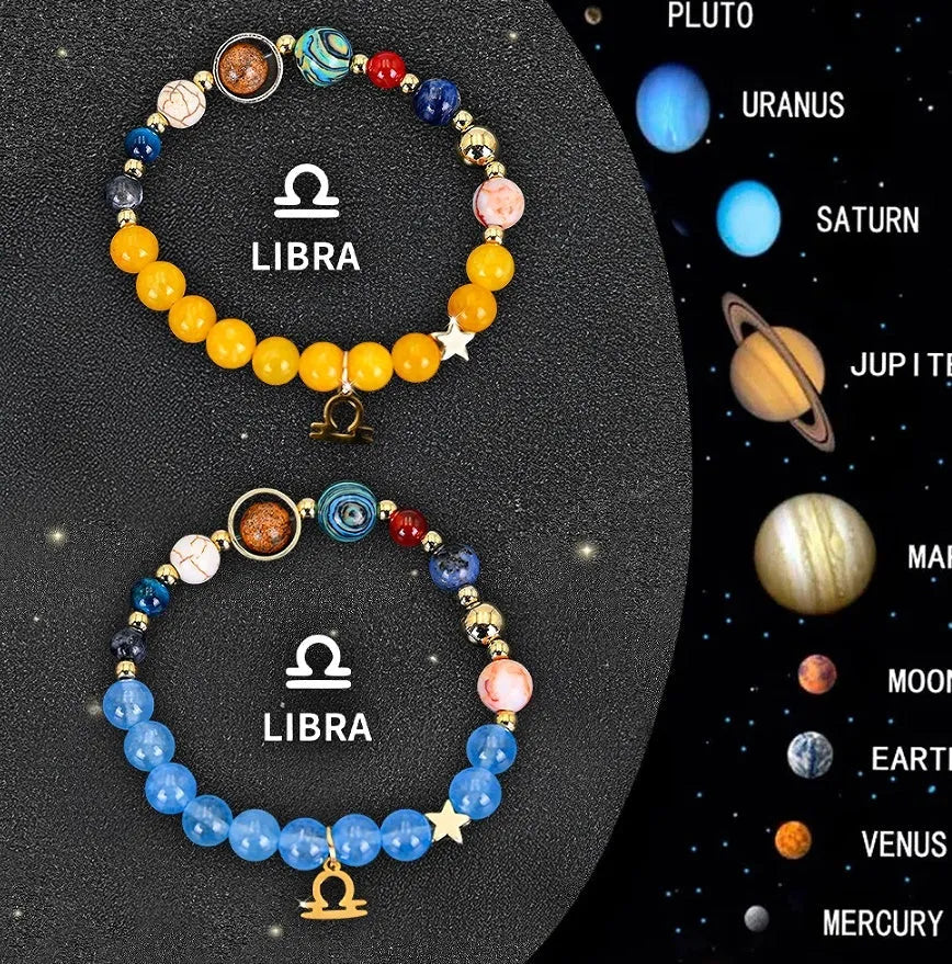 Set of two natural stone beaded bracelets representing zodiac signs from a twelve-style collection.