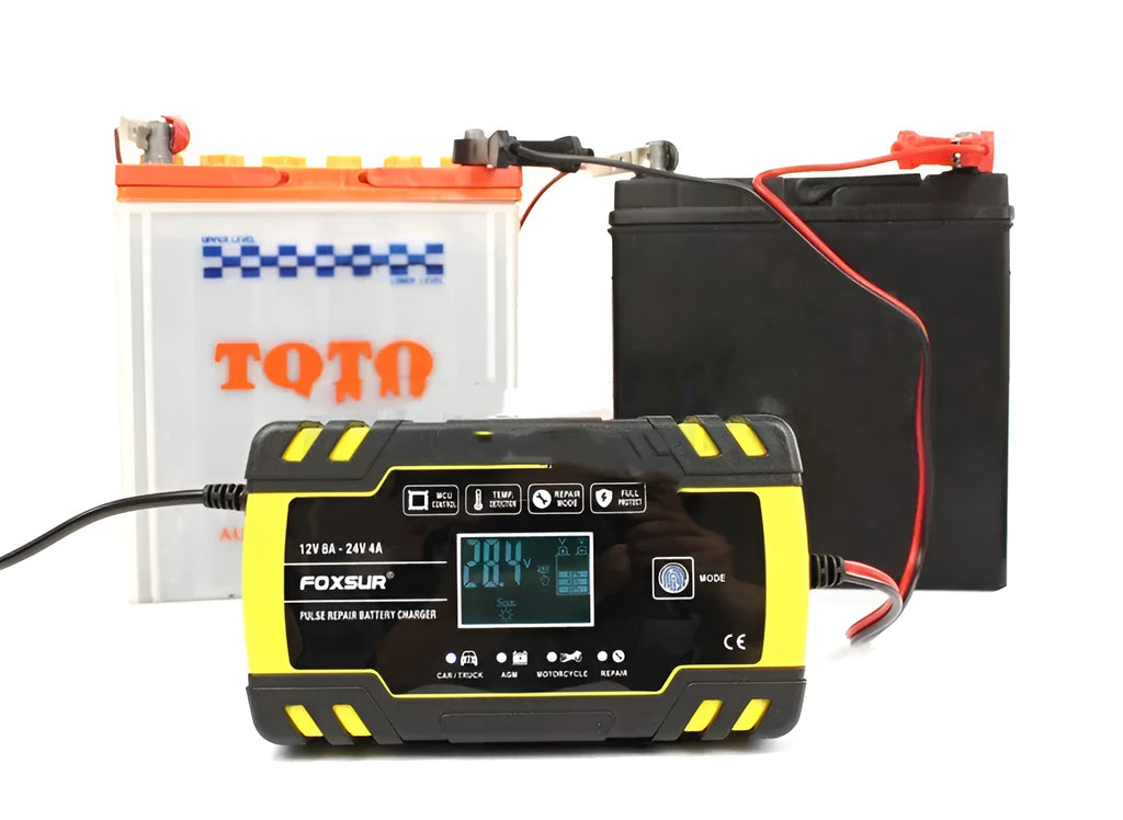 12V 24V lead-acid battery charger with digital screen display for motorcycle and car.