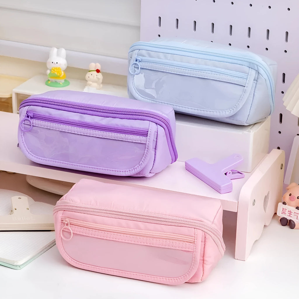 Korean style canvas pencil case with ten-layer flip design showing multiple colour options