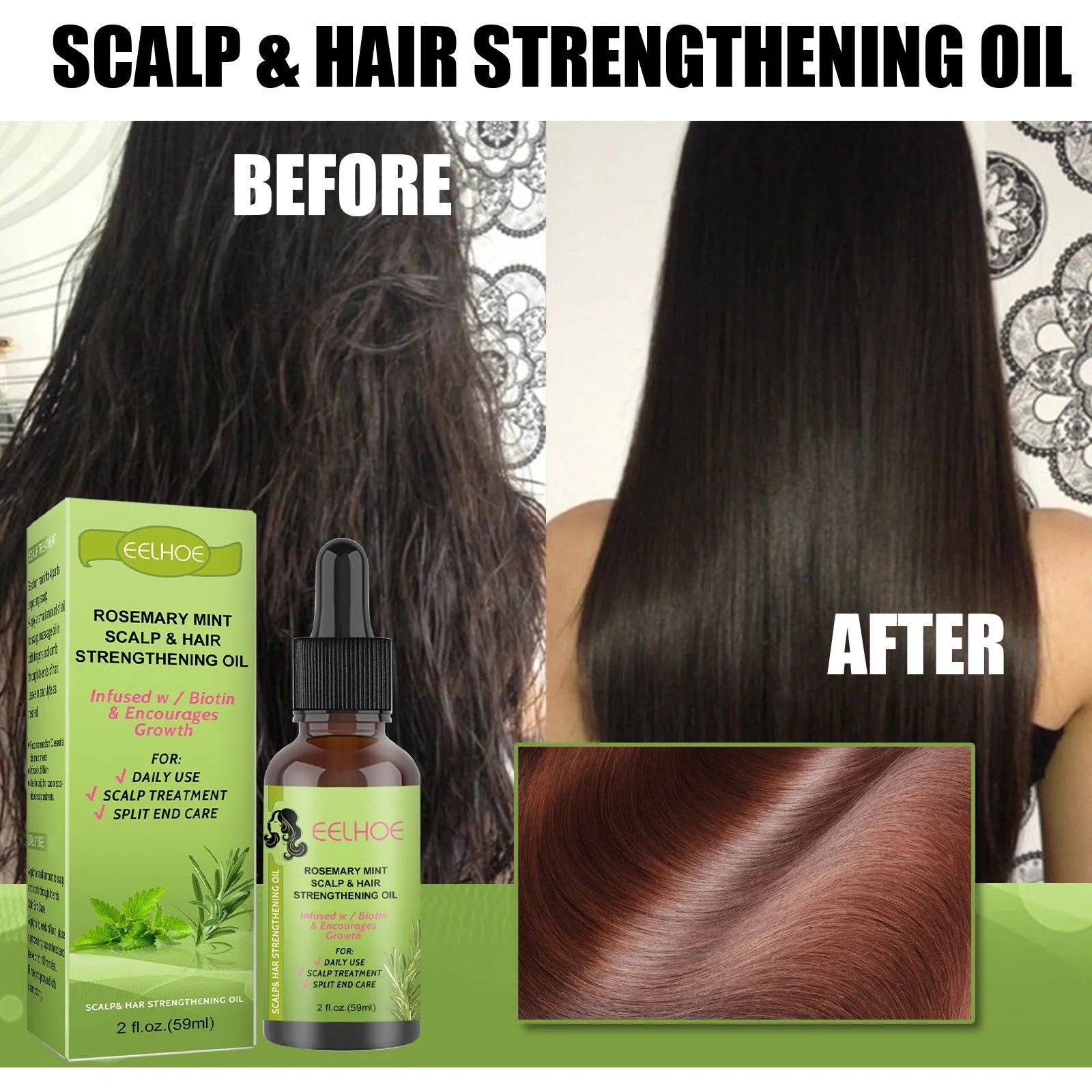 59ml bottle of rosemary mint hair growth fluid for scalp massage and nourishment.