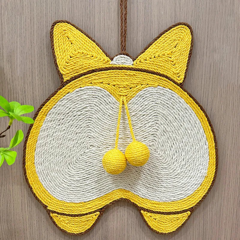 Yellow Corgi design sisal cat scratching pad with anti-slip base and adhesive hooks