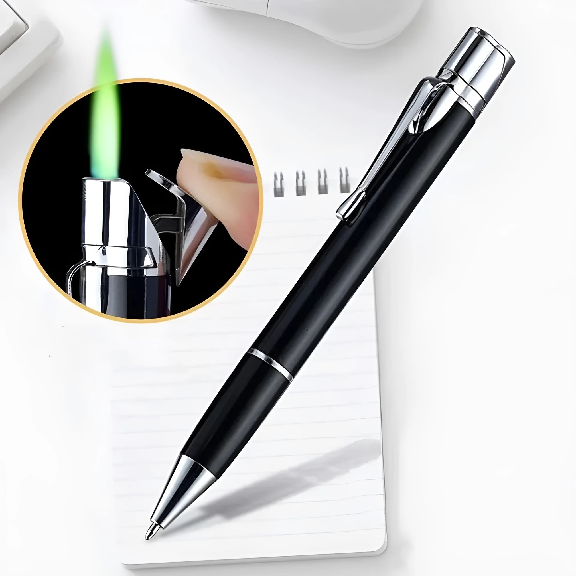 Metal refillable jet flame lighter pen with keychain in assorted colours