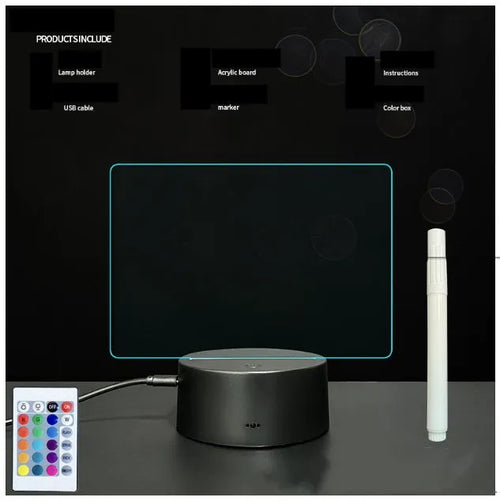 Black 3D acrylic message board LED light with remote control and marker pen on a desk.