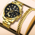 Men's gold business calendar quartz watch with stainless steel band showing date display