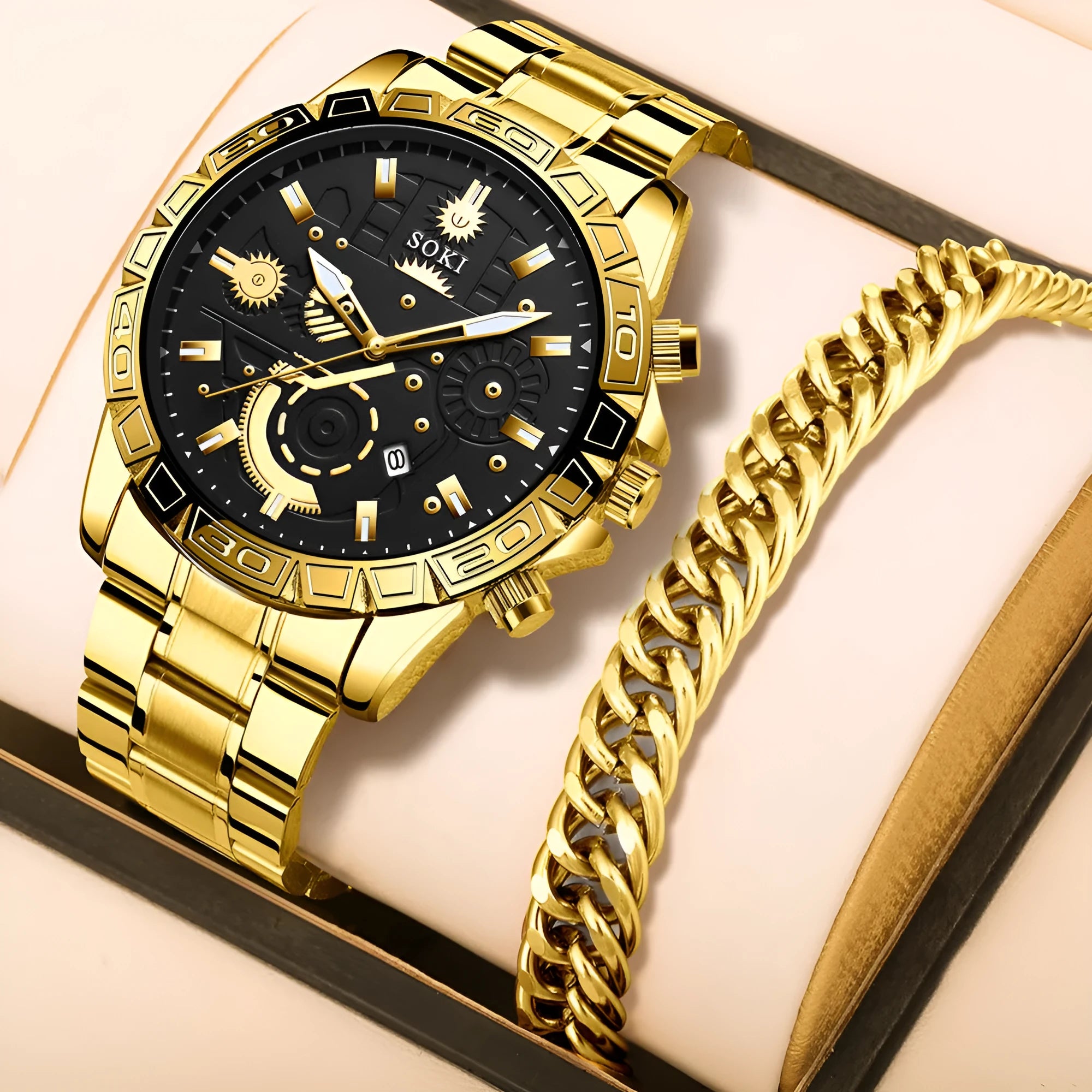 Men's gold business calendar quartz watch with stainless steel band showing date display