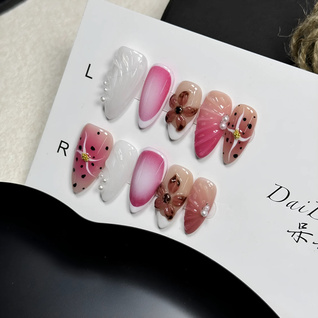 Hand-painted three-dimensional carved nail beauty patch in almond shape with embossed pattern