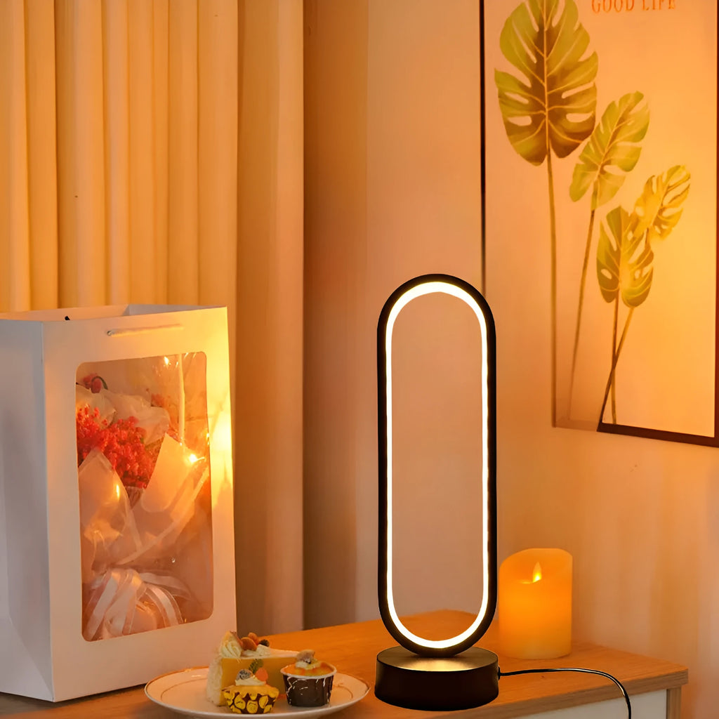 Black and white USB ring dimming LED night lamp with acrylic shade and iron base, 32 cm tall, three colour settings