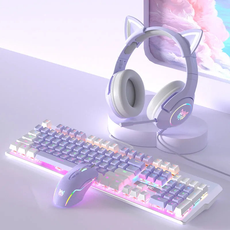 White and purple wired mechanical keyboard and mouse set with backlight