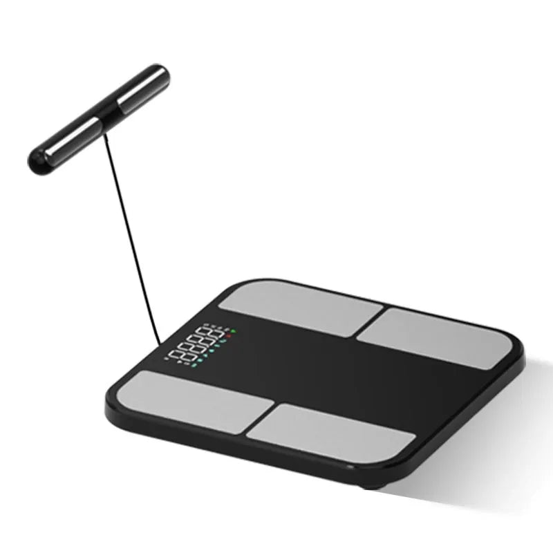 Black electronic bathroom scale with tempered glass platform showing body fat measurement on colour screen
