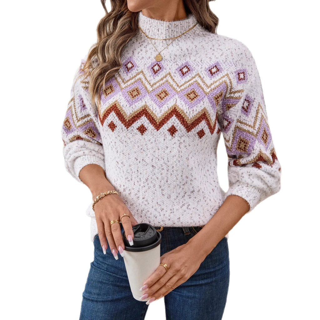 White women's half turtleneck jacquard sweater with geometric pattern and loose fit