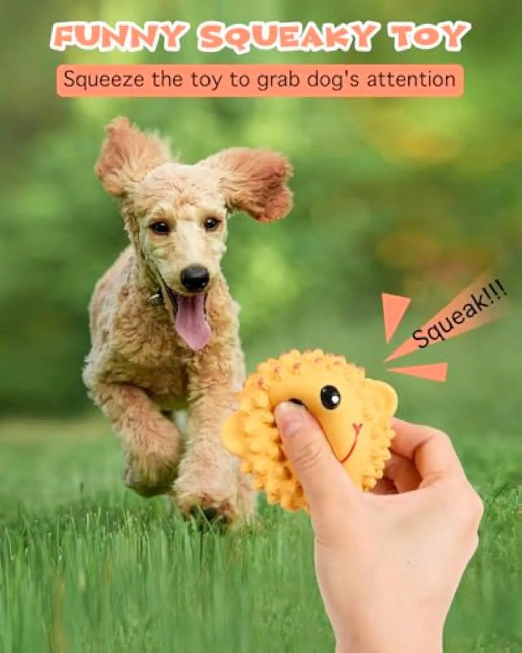 Orange and yellow latex squeaky dog toys with spiky surfaces shaped as lamb and monkey animals