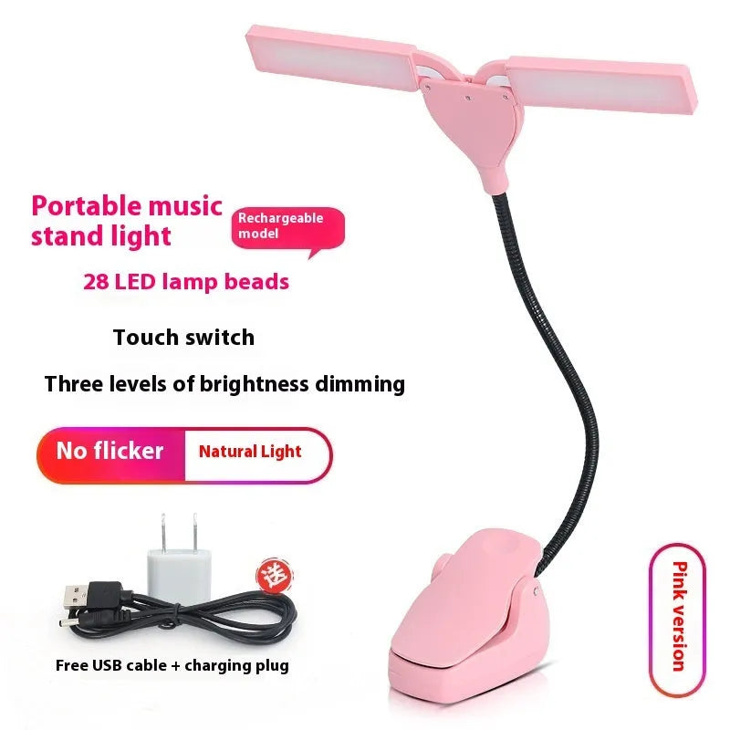 Rechargeable music stand light with 28 LED lights clipped to metal music stand