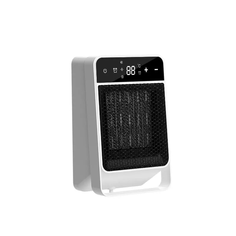 Black desktop warm air blower heater with digital touch screen display and remote control on wooden desk