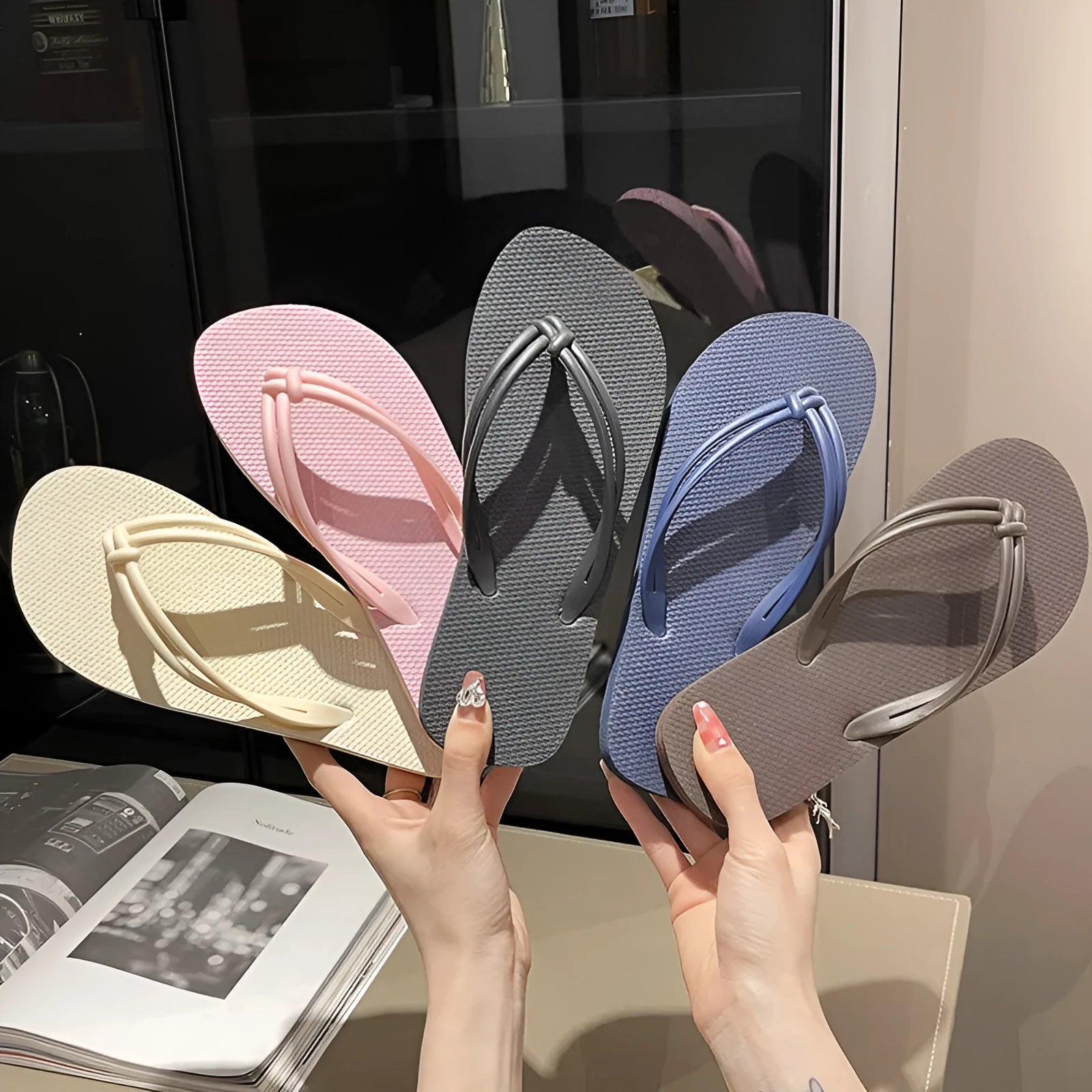 Men's closed-toe PVC flip flops in multiple colours on a plain background.