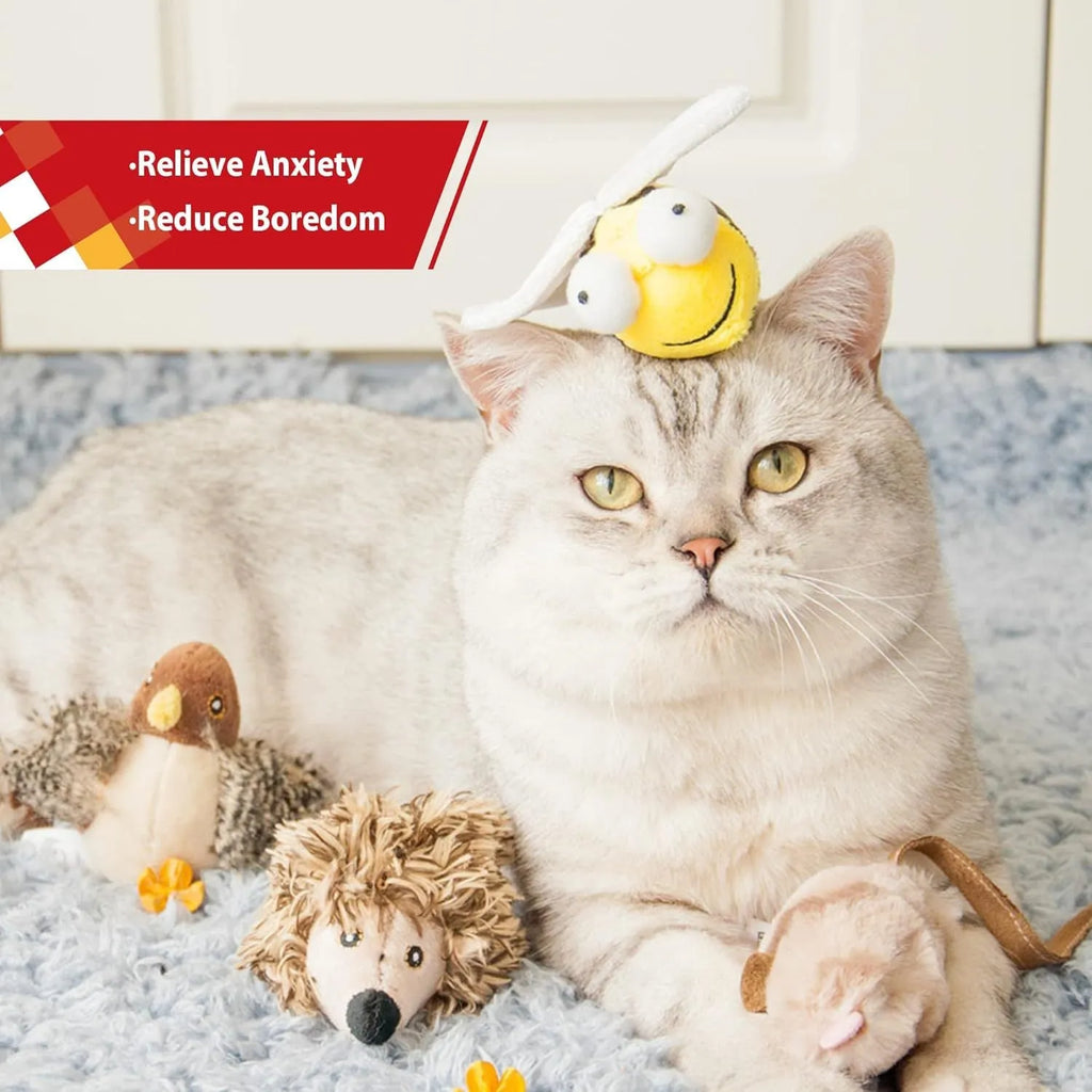 Yellow bee-shaped electronic cat toy with motion-activated squeaking sound