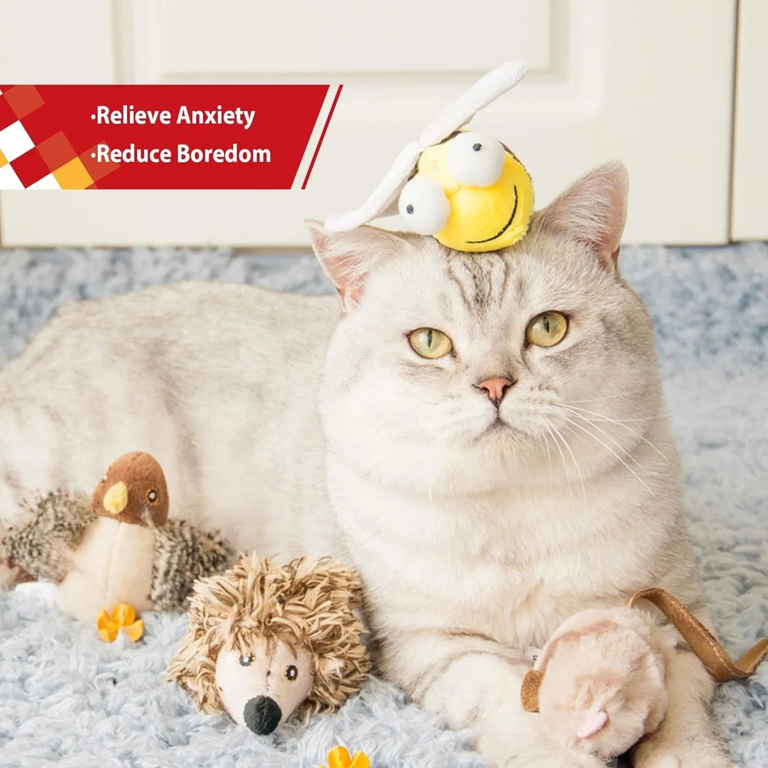 Yellow bee-shaped electronic cat toy with motion-activated squeaking sound