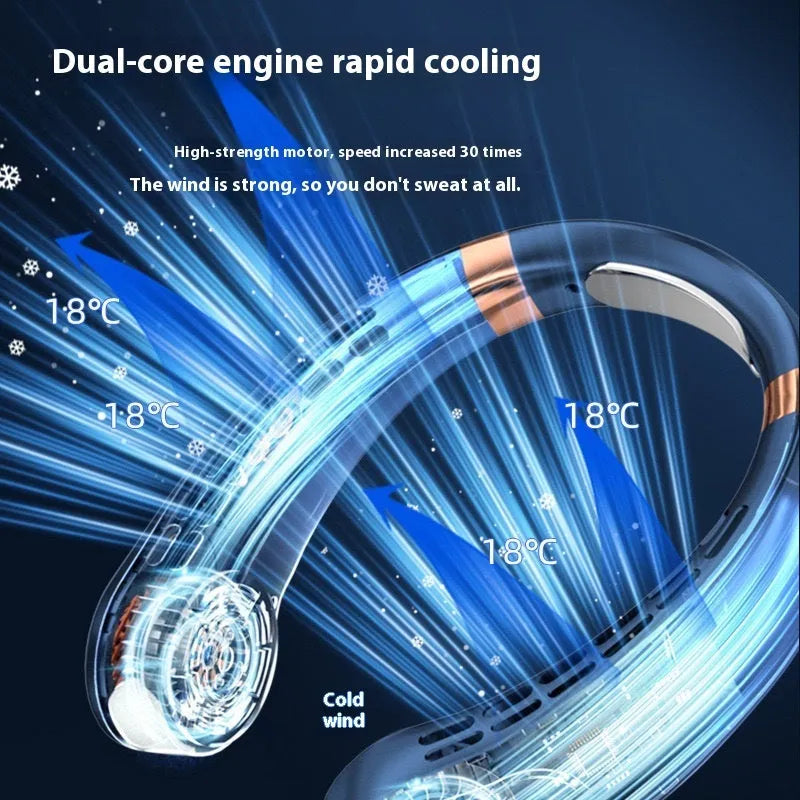 Blue leafless halter fan with digital display worn around neck showing five-speed interface
