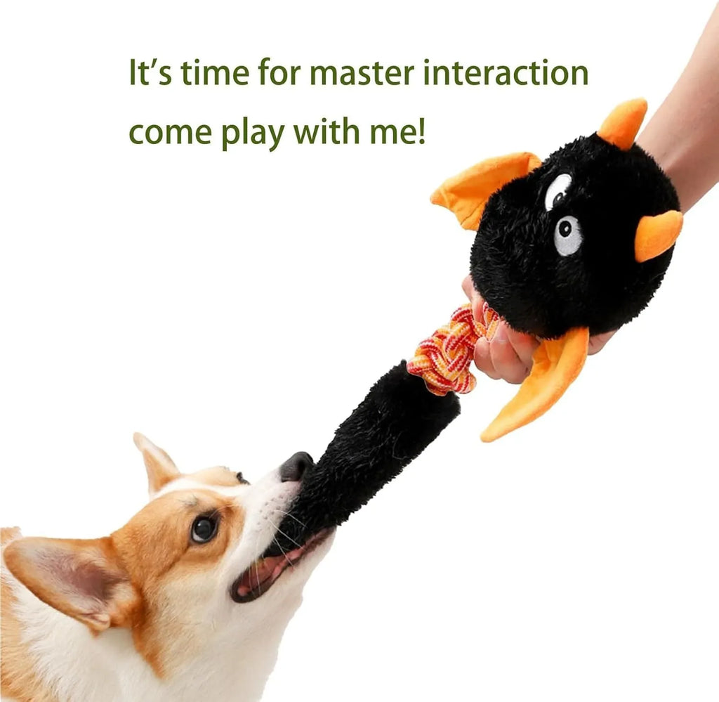 Large black, green, or red plush dog toy with a cartoon shape, featuring a built-in rope knot.