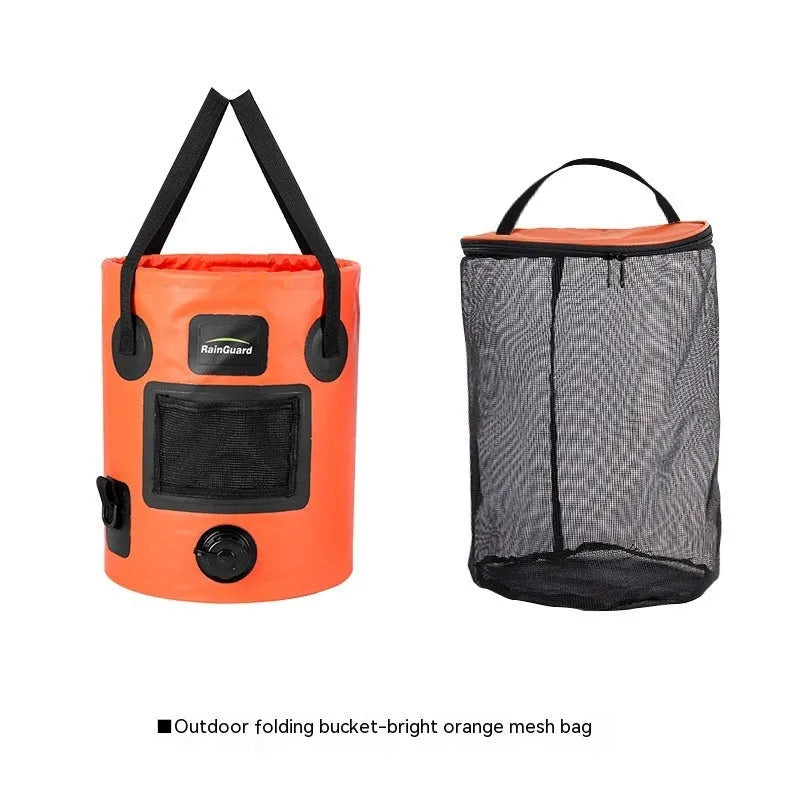 Plastic folding fishing bucket showing collapsible design and colour options with optional net pocket