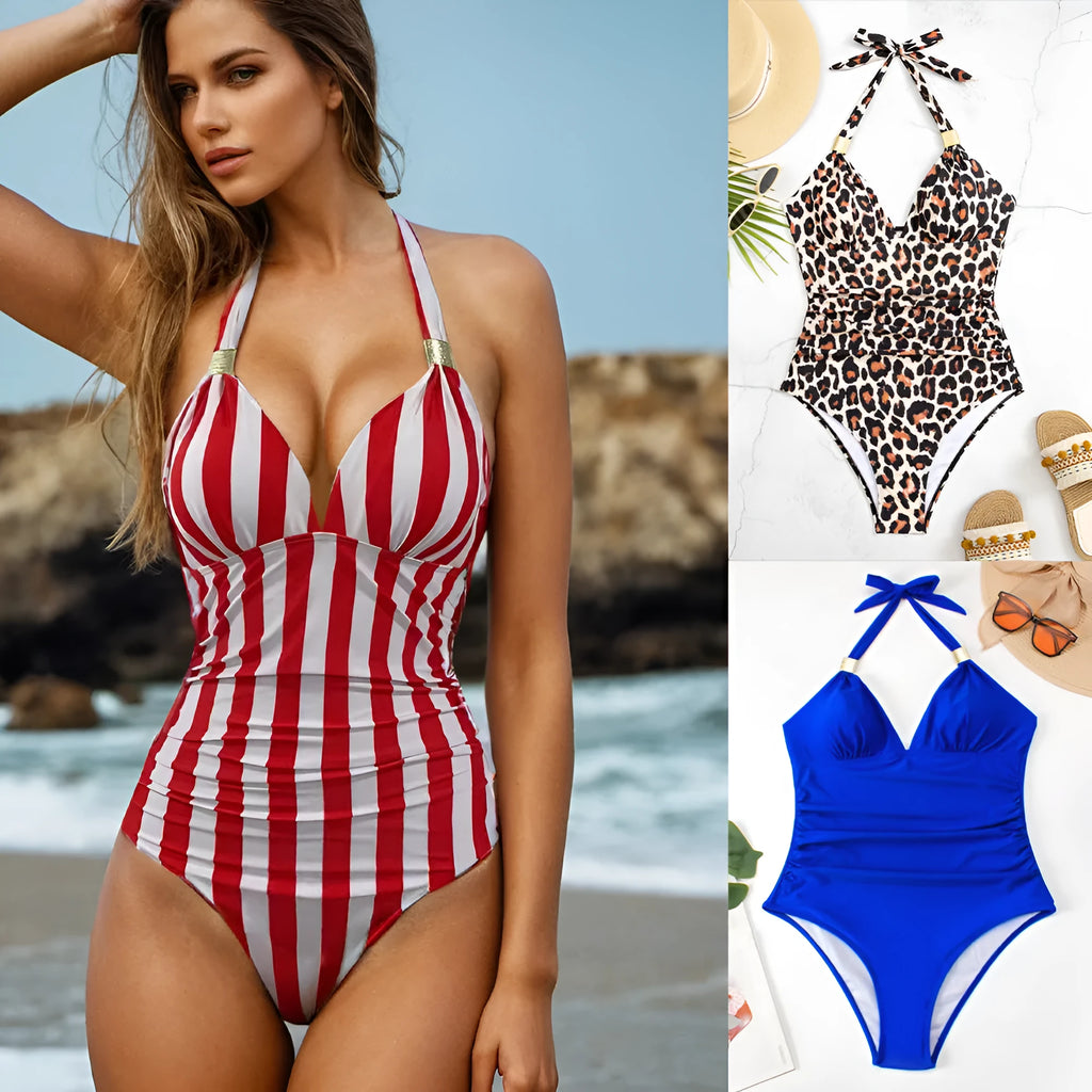 Women's one-piece quick-drying swimwear in polyester spandex blend available in multiple colours