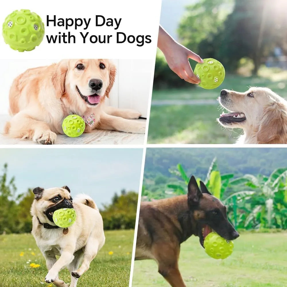 Durable natural rubber dog toy ball with meteorite-shaped bumps in multiple colour options