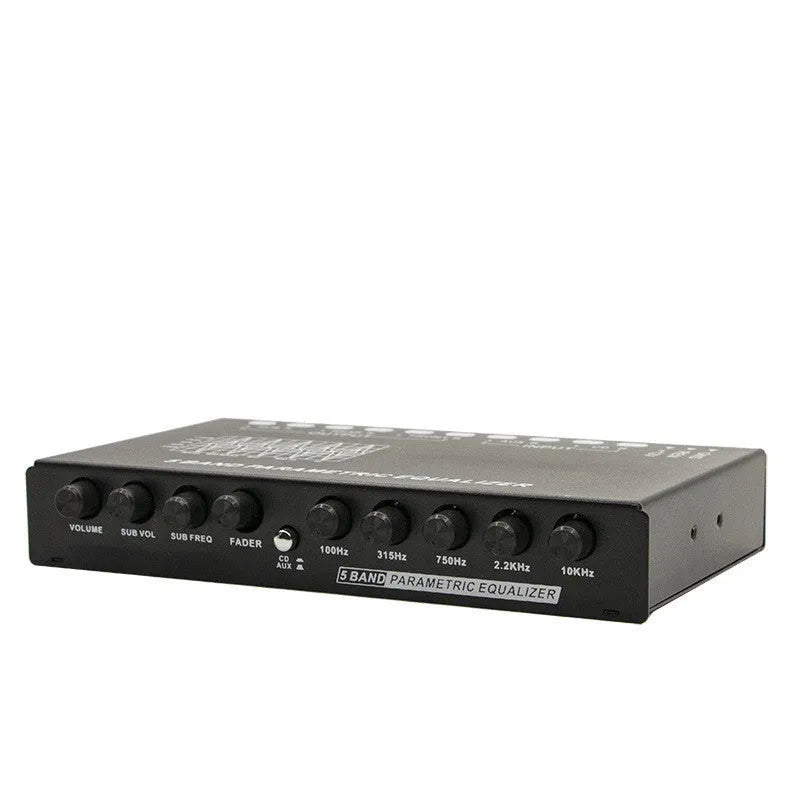 Black car audio EQ equaliser unit with control panel for frequency adjustment and subwoofer management