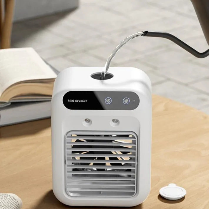 Ivory white portable USB air cooler fan with touchscreen control and water tank