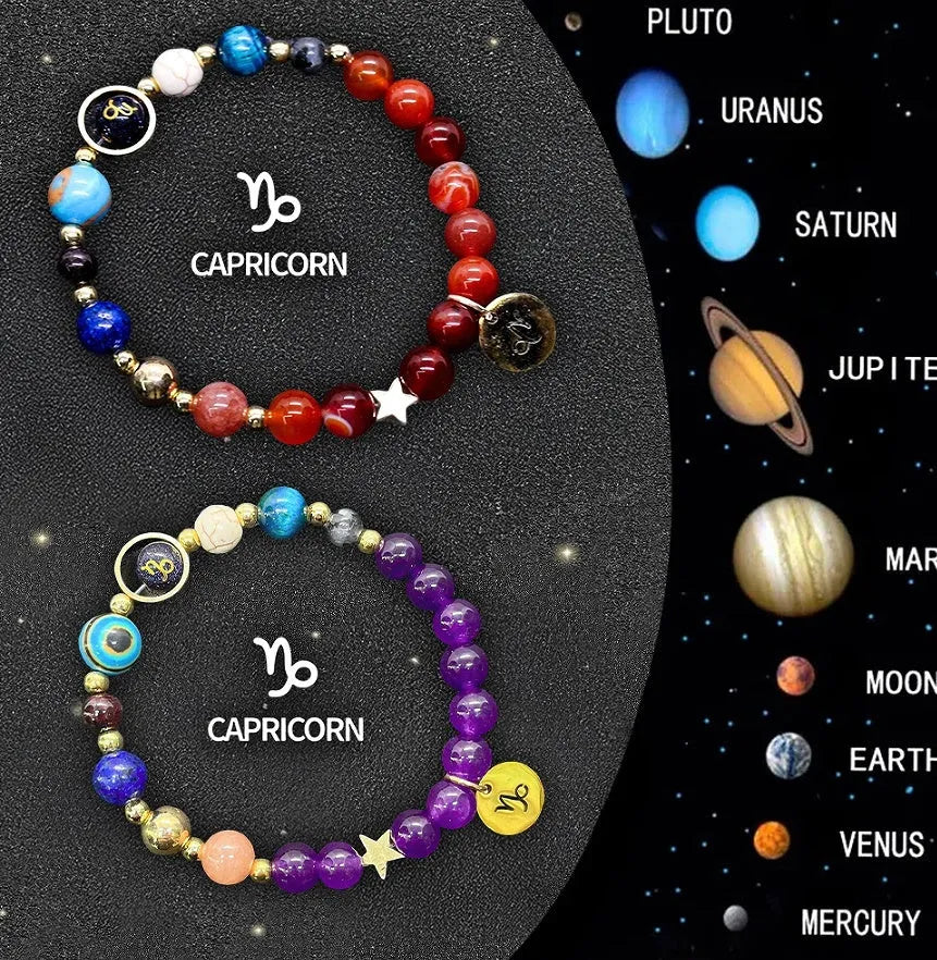Set of two natural stone beaded bracelets on a wrist, each with different beads representing zodiac signs.
