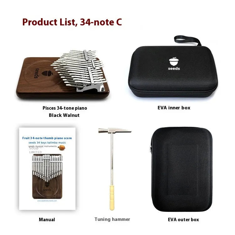 34-tone double-layer chromatic walnut finger piano kalimba with C key tuning, black finish