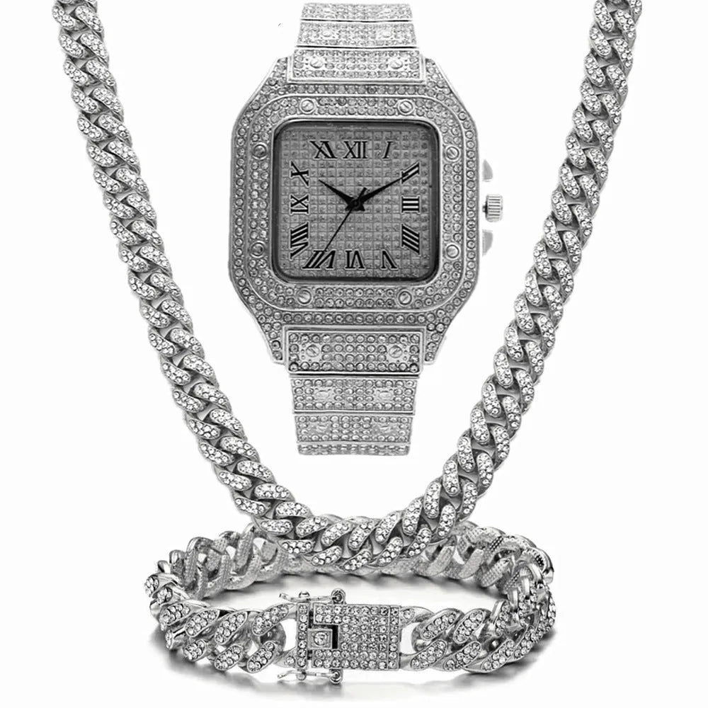 Roman numeral graduation quartz watch set with square dial, diamond studs, black mesh band, bracelet, and necklace