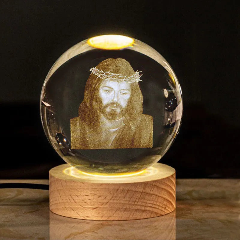 White crystal ball lamp with solid wood base and warm lighting in religious designs