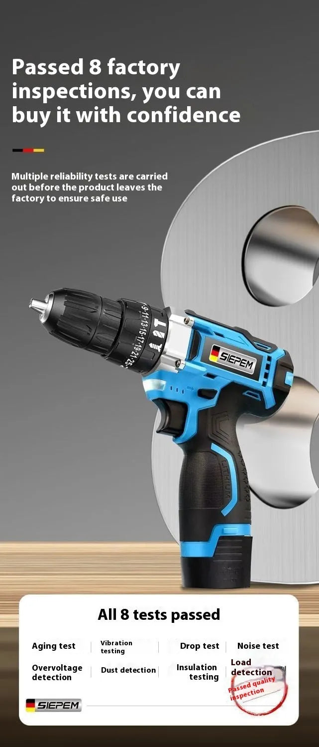 12V two-speed impact pistol drill and electric screwdriver set in a plastic storage box