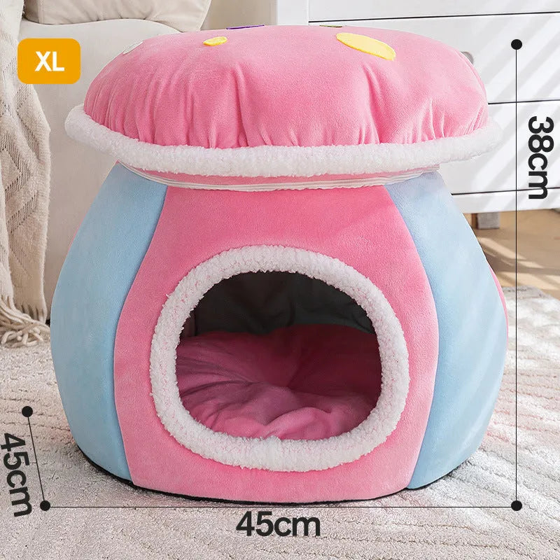 Grey mushroom-shaped cat nest bed with a detachable plush blanket for indoor cats.