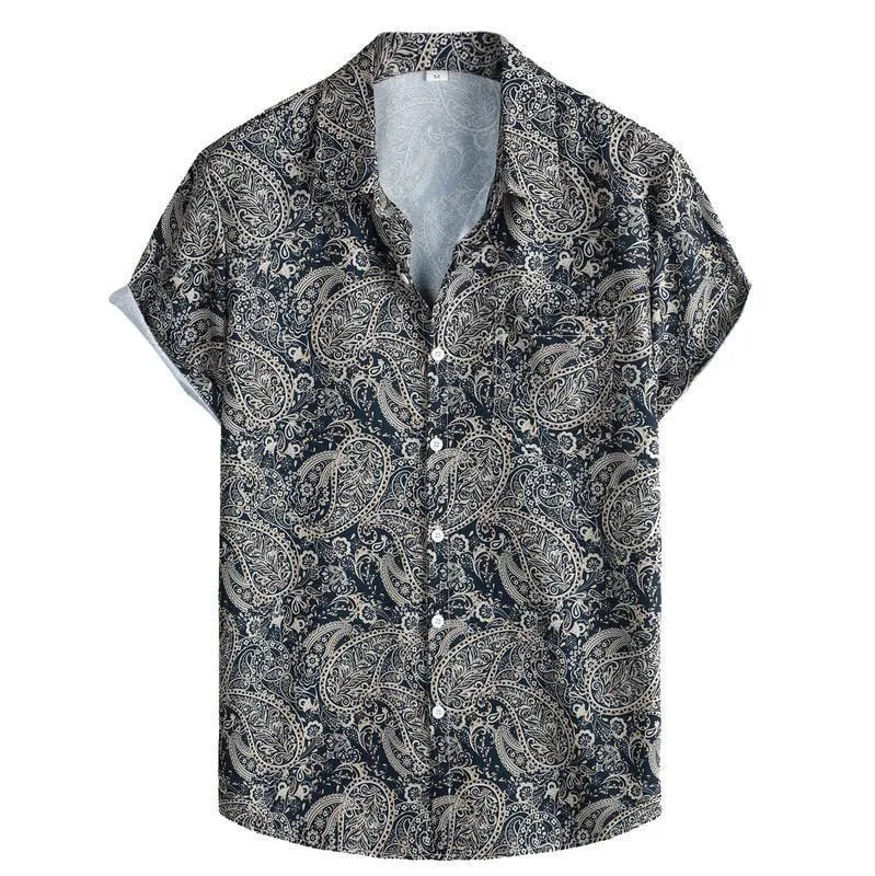 Men's slim fit Hawaiian short sleeve shirt in a cardigan style with digital print pattern.