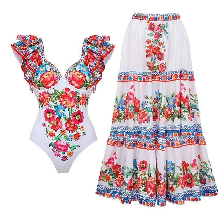 Women's printed polyester one-piece swimsuit available in multiple colours and styles