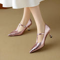 Genuine leather women's Mary Jane pumps with chunky heel in gun colour and pink options