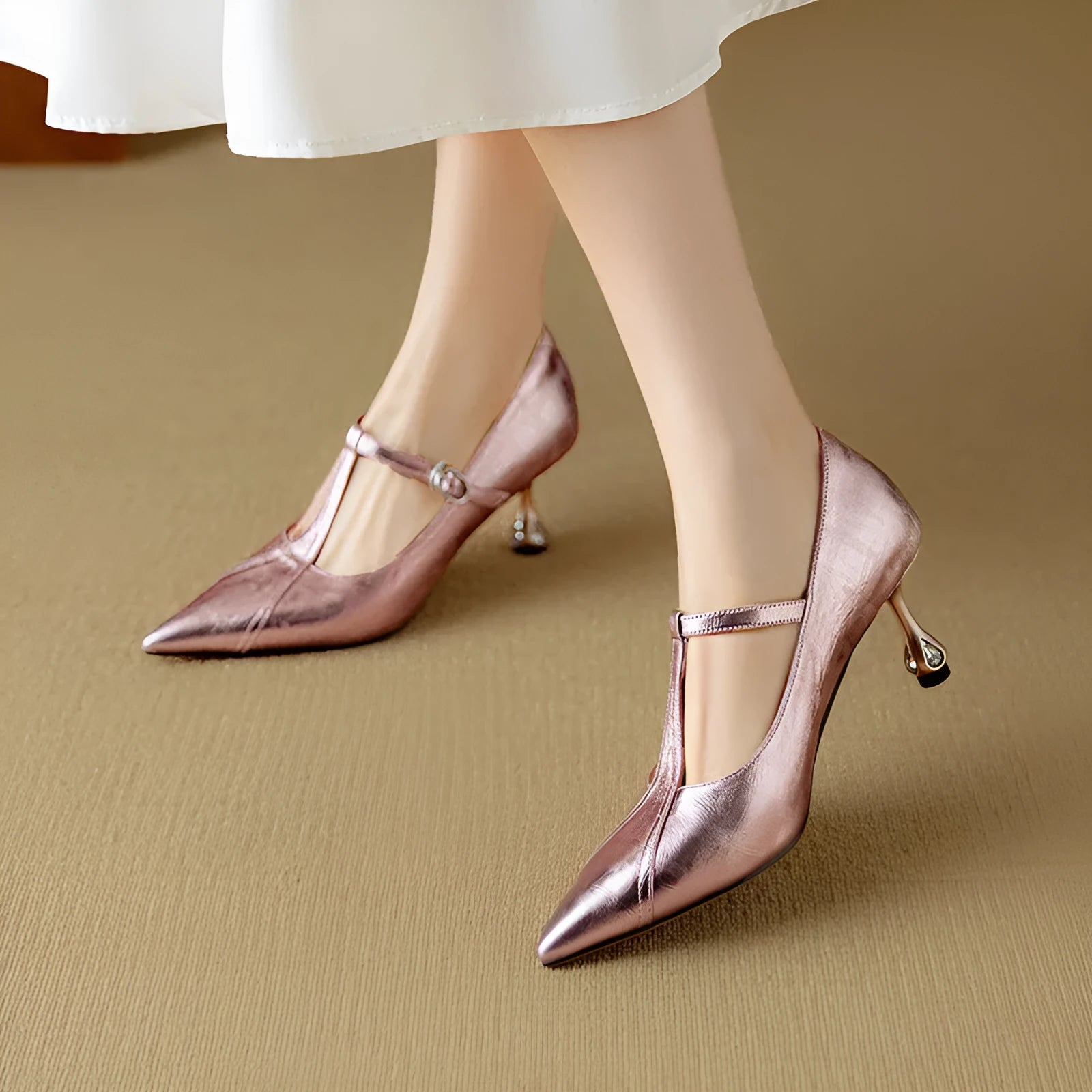 Genuine leather women's Mary Jane pumps with chunky heel in gun colour and pink options